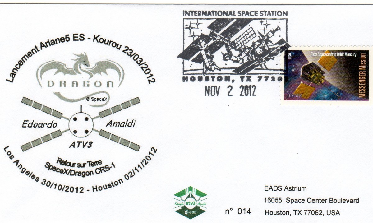 Vol 205 – 02 Novembre 2012 – Retour des enveloppes embarquées dans l’ATV 3 via ISS par la capsule Dragon
