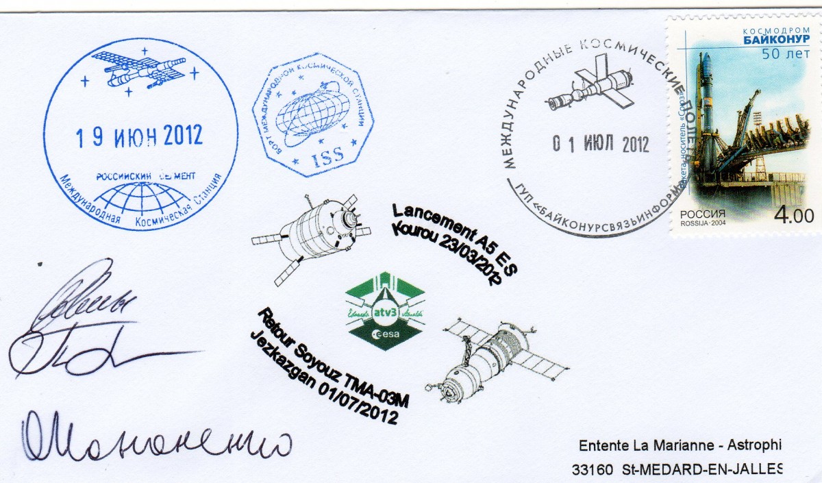 Vol 205 - 01 Juillet 2012 - Retour Terre enveloppes embarquées dans ATV 3 via ISS par Soyouz TMA-03M