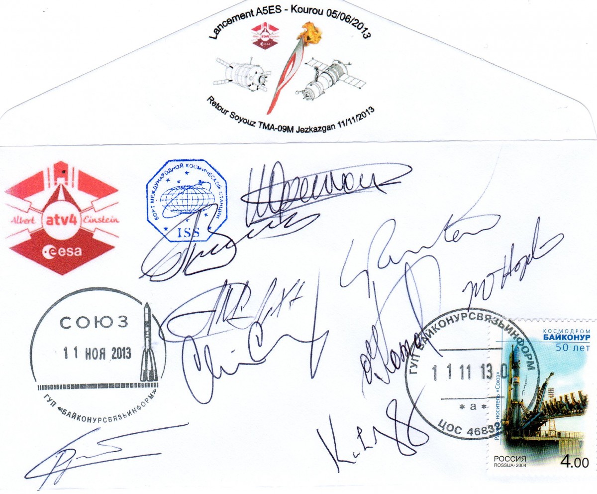 Vol 213 - ATV 4 - 11 Novembre 2013 Enveloppes embarquées dans ATV via ISS redescendues sur terre par Soyouz