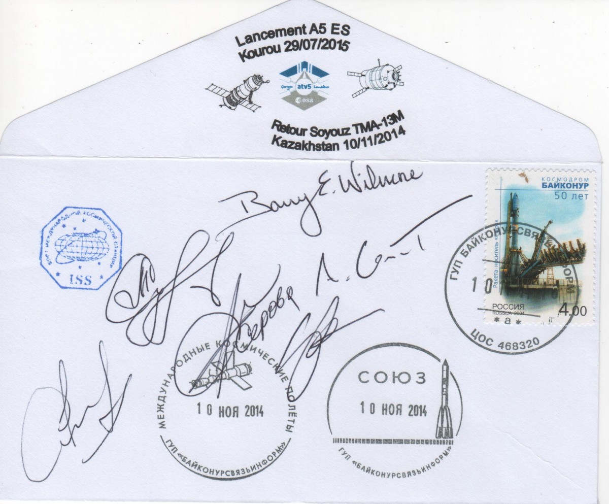 Vol 219 -ATV 5 - 10 Novembre 2014 récupération enveloppes embarquées dans ATV via ISS redescendues par Soyouz