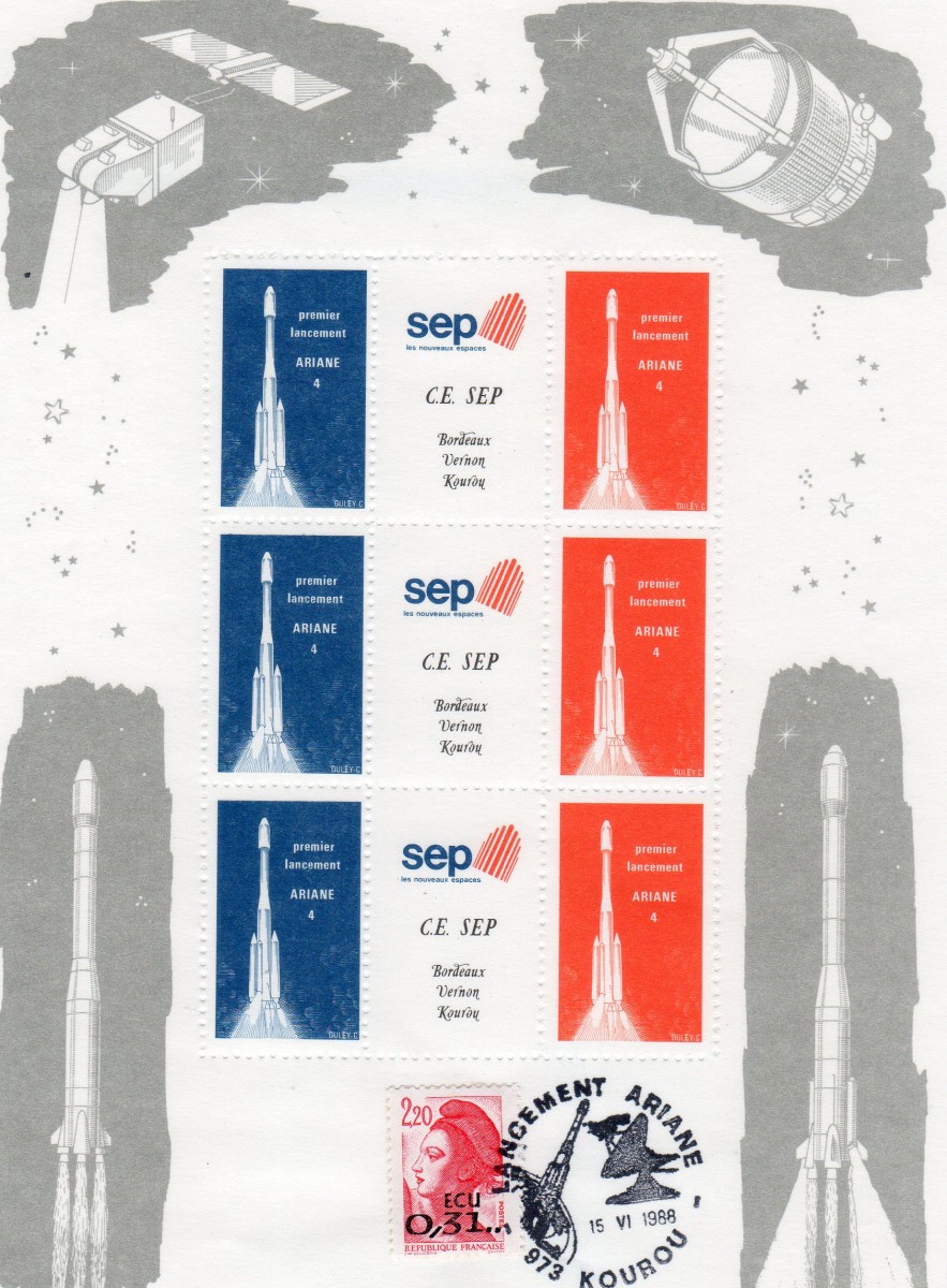 Document - Vignette triptyque émise pour le premier lancement d'une Ariane 4 (Vol 22)