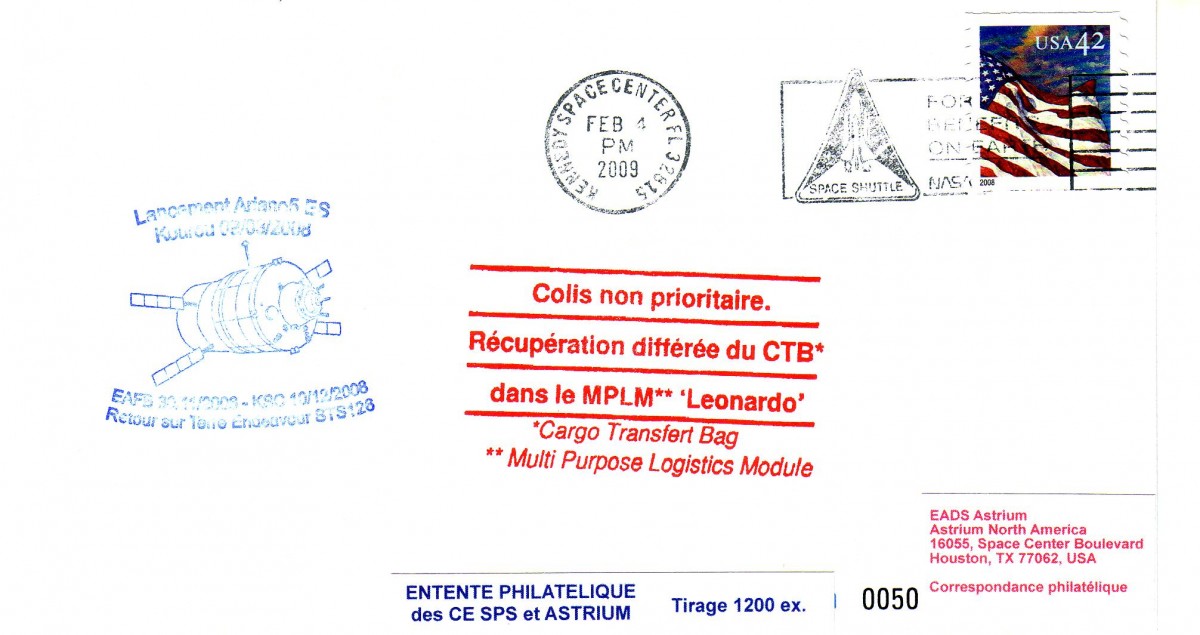 Vol 181 - 04 Février 2009 - Enveloppe embarquée à bord de l'ATV 1, transférée dans L'ISS, retour sur terre par la navette Endeavour