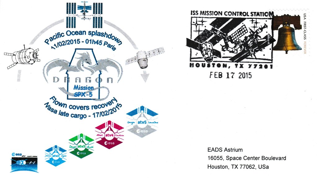 Vol 219 - ATV 5 - 17 Février 2015 - Retour sur Terre des enveloppes embarquées dans l'ATV 5 via l'ISS par Capsule SpaceX-Dragon