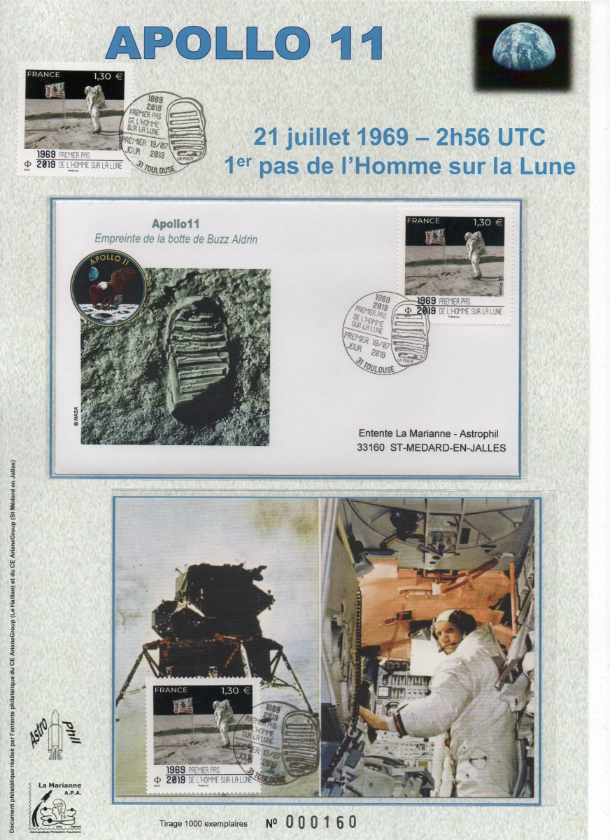 Premier jour timbre 50 ans du premier pas de l'homme sur la lune - Toulouse cité de l'Espace 19 Juillet 2019 (Encart)