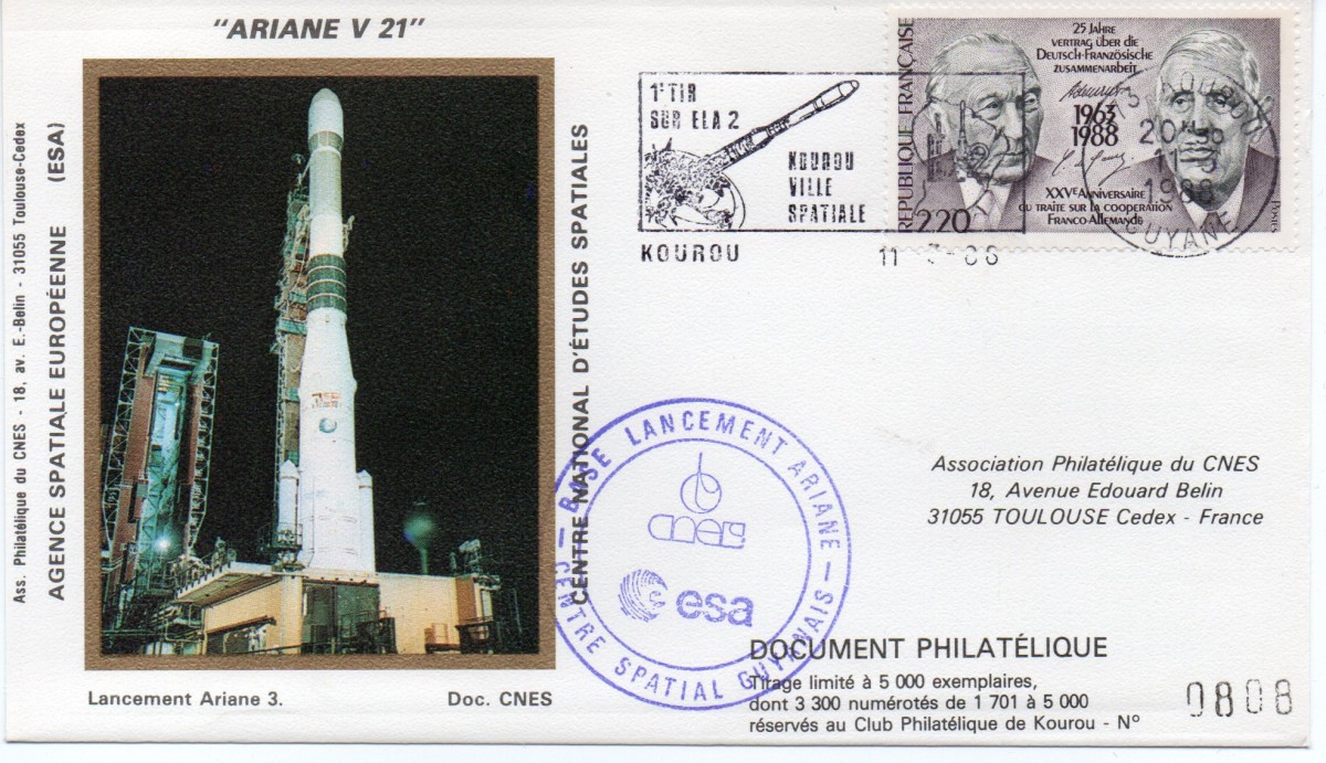 Kourou (Guyane) Lancement Ariane 3 – Vol 21 - 11 Mars 1988 (Pochette CNES Complète) - C18
