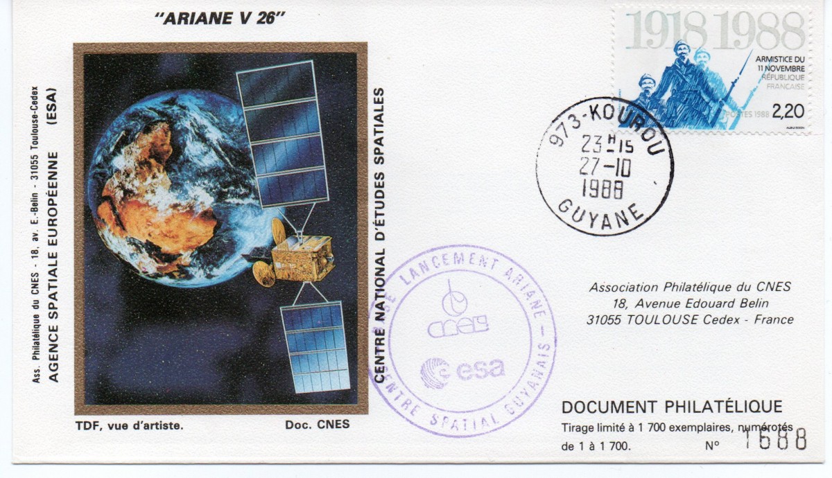 Kourou (Guyane) Lancement Ariane 2 – Vol 26 - 27 Octobre 1988 - 1 Enveloppe CNES - C8
