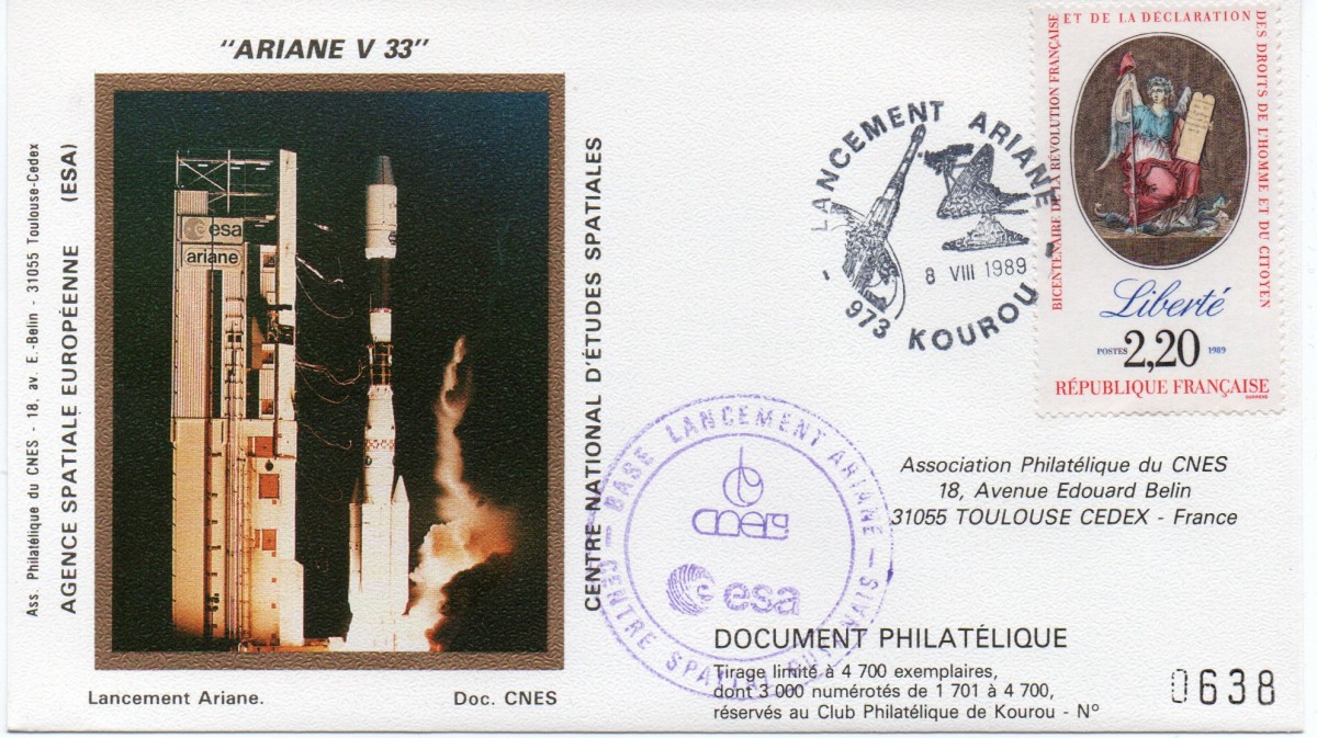 Kourou (Guyane) Lancement Ariane 4 - 44LP – Vol 33 - 08 Aout 1989 (3 Enveloppes CNES ) - C8