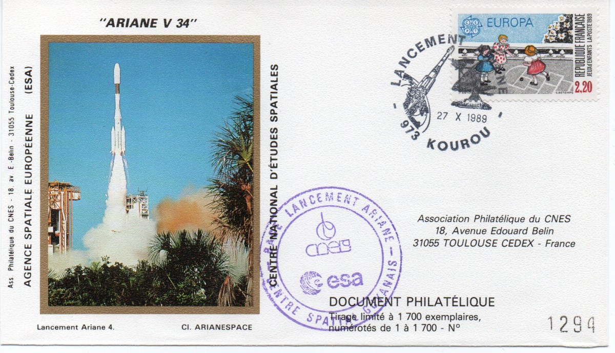 Kourou (Guyane) Lancement Ariane 4 - 44L – Vol 34 - 27 Octobre 1989 (2 Enveloppes  CNES ) - C8