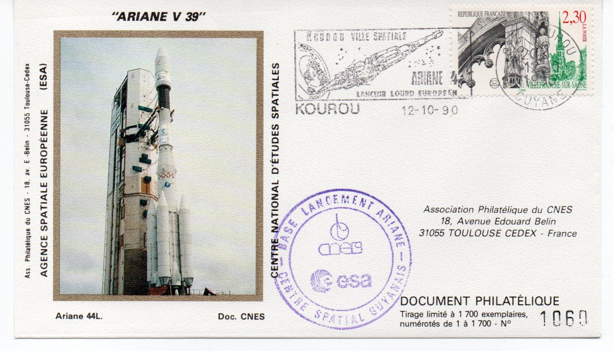 Kourou (Guyane) Lancement Ariane 4 - 44L – Vol 39 - 12 Octobre 1990 (3 Enveloppes  CNES ) - C8