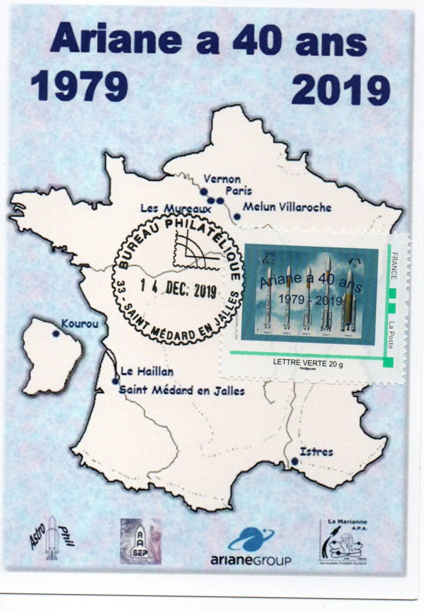 40ème anniversaire du Premier lancement d'Ariane - Carte Postale émise à l'exposition de Saint Médard en Jalles le 14 Décembre 2019.