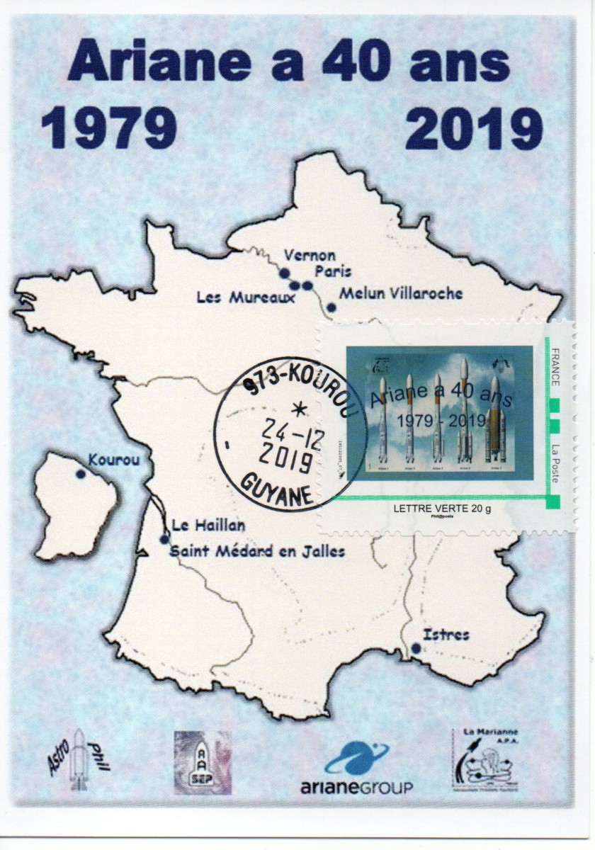 40ème Anniversaire du Premier lancement d'Ariane - Carte postale oblitération Kourou (Guyane) 24 Décembre 2019.