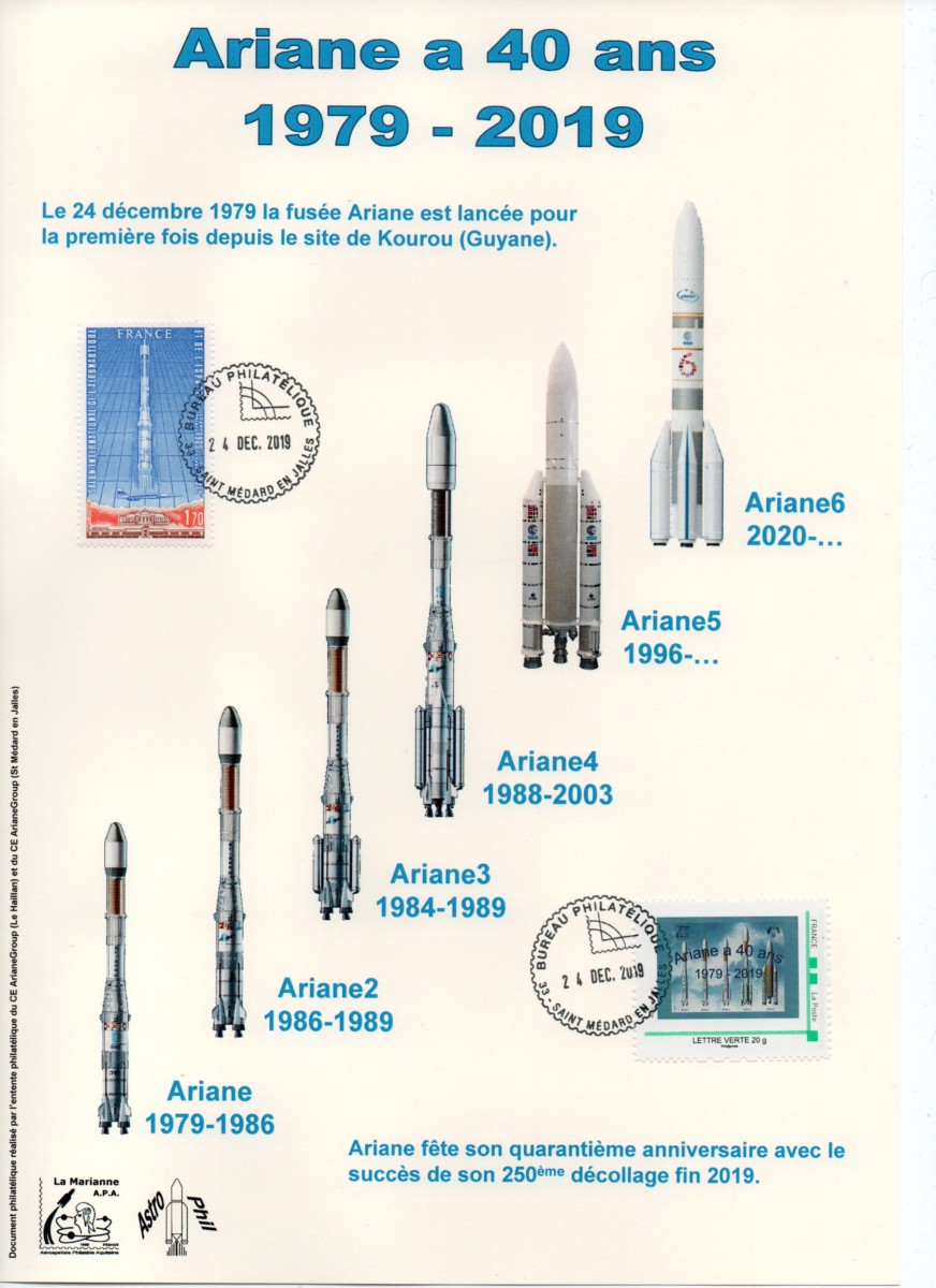 40ème Anniversaire du premier lancement d'Ariane - Encart émis à Saint médard en Jalles avec oblitération du 24 Décembre 2019.