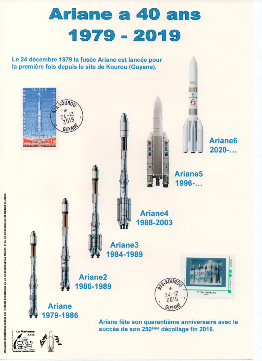 40ème anniversaire du premier lancement d'Ariane - Oblitération Kourou 24 Décembre 2019.