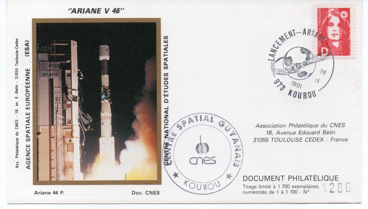 Kourou (Guyane) Lancement Ariane 4 - 44P – Vol 46 - 26 Septembre 1991 (Enveloppe Club Phila du CNES) - C7