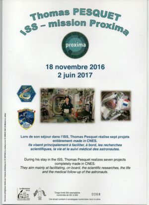 ISS - Mission PROXIMA "Thomas Pesquet" - Encart de 4 enveloppes - (Lancement Soyouz   MS03 18/11/2016, Retour mission MS03 02/06/2017, Expériences CNES Proxima : AQUAPAD 17/01/2017, ECHO 18/04/2017.)    03