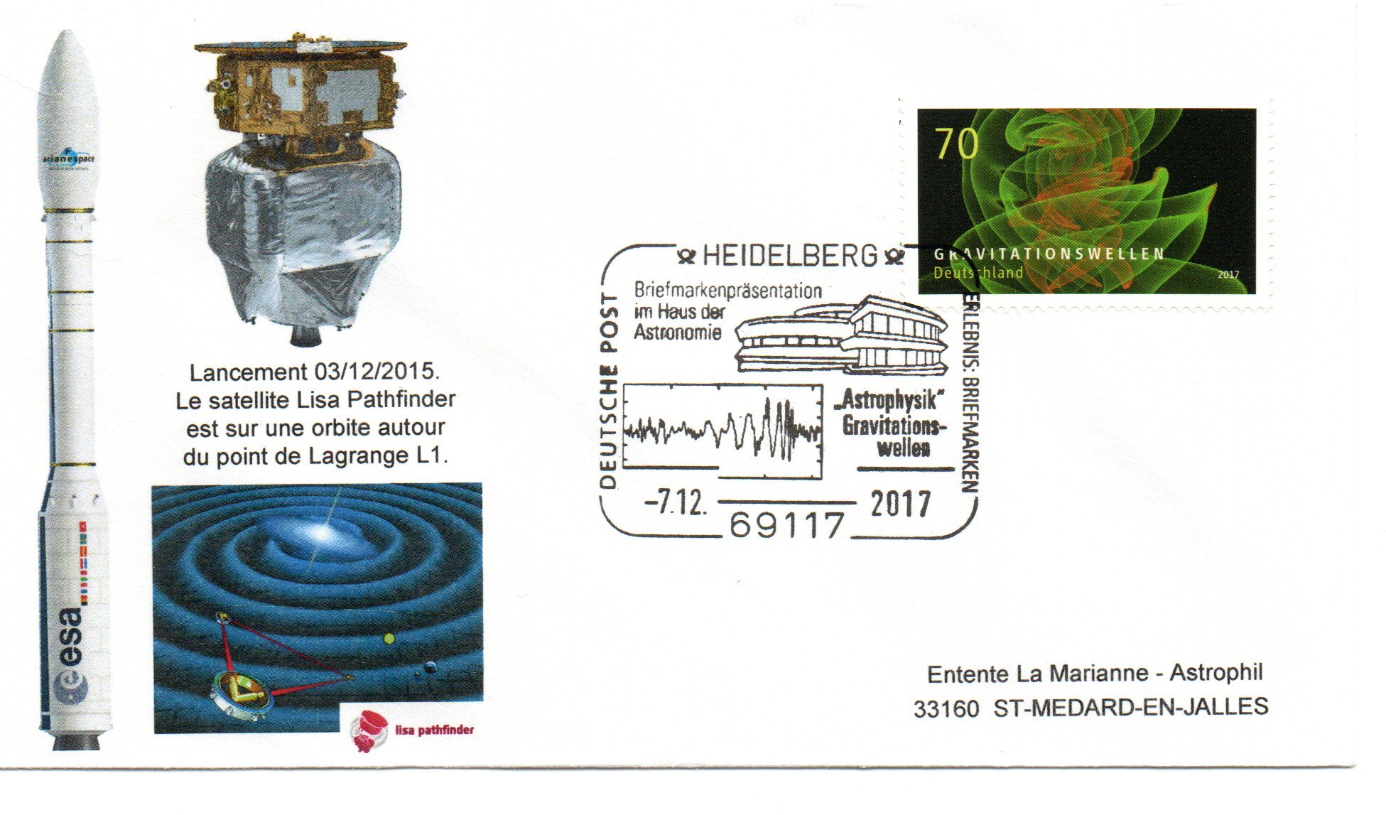 Premier jour timbre Allemand sur les ondes gravitationnelles 07 Décembre 2017- Heidelberg Labo chargé de récolter les mesures effectuées par Lisa Pathfinder