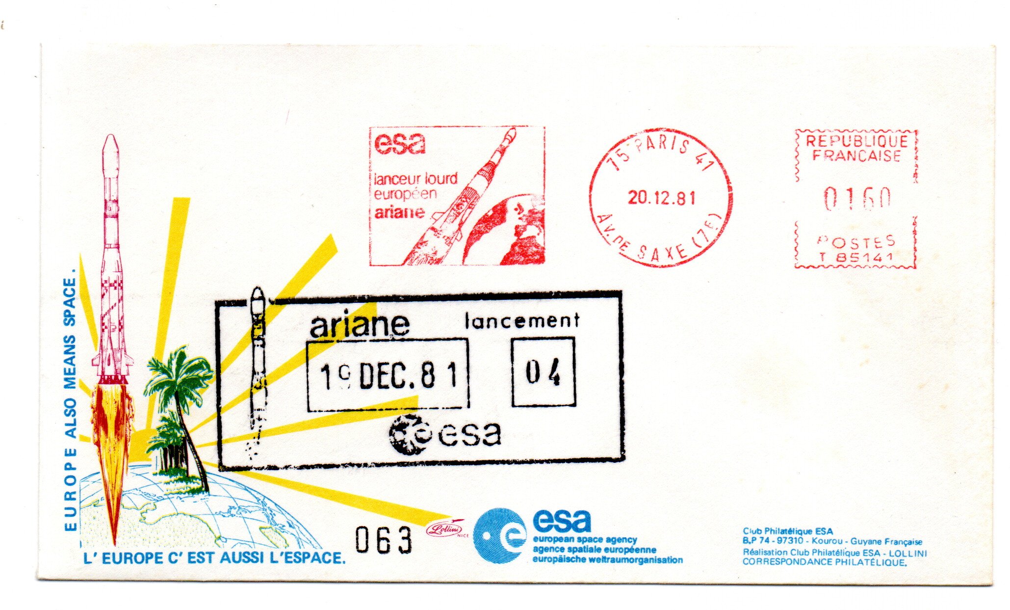 Lancement Ariane L04 - ESA Paris 20/12/1981 - Enveloppe ESA - C36