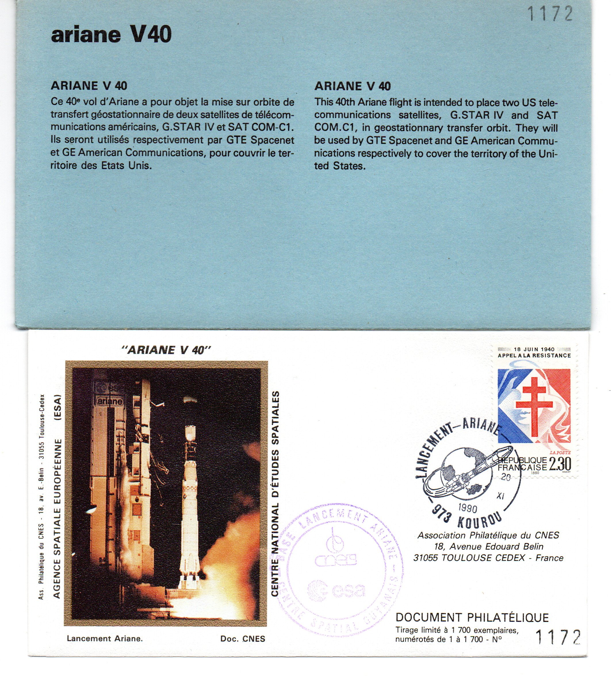 Lancement Ariane 42P - Vol 40 - 20/11/1990 - Pochette CNES 3 enveloppes - C 39