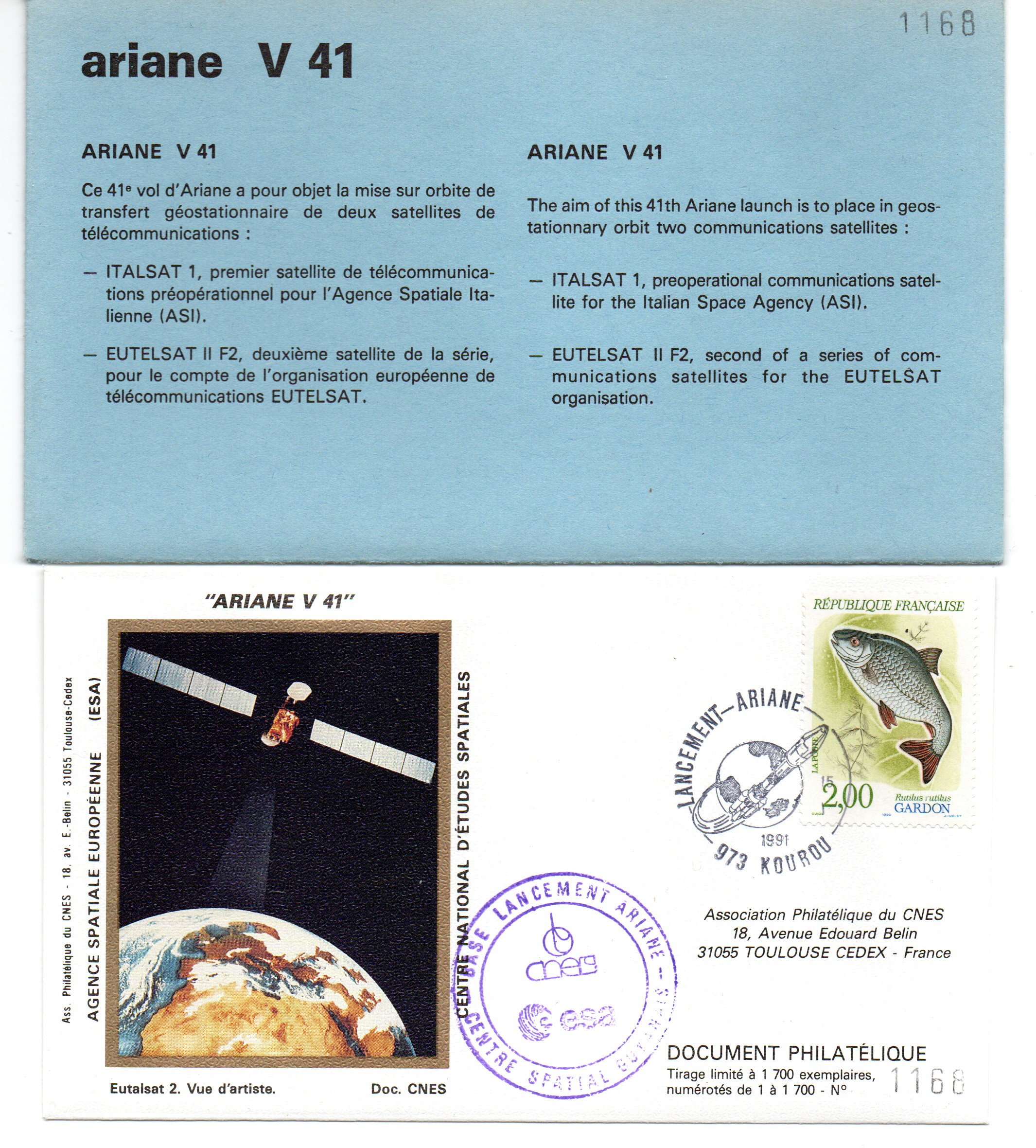 Lancement Ariane 44L - vol 41 - 15/01/1991 - Pochette CNES 3 enveloppes - C39