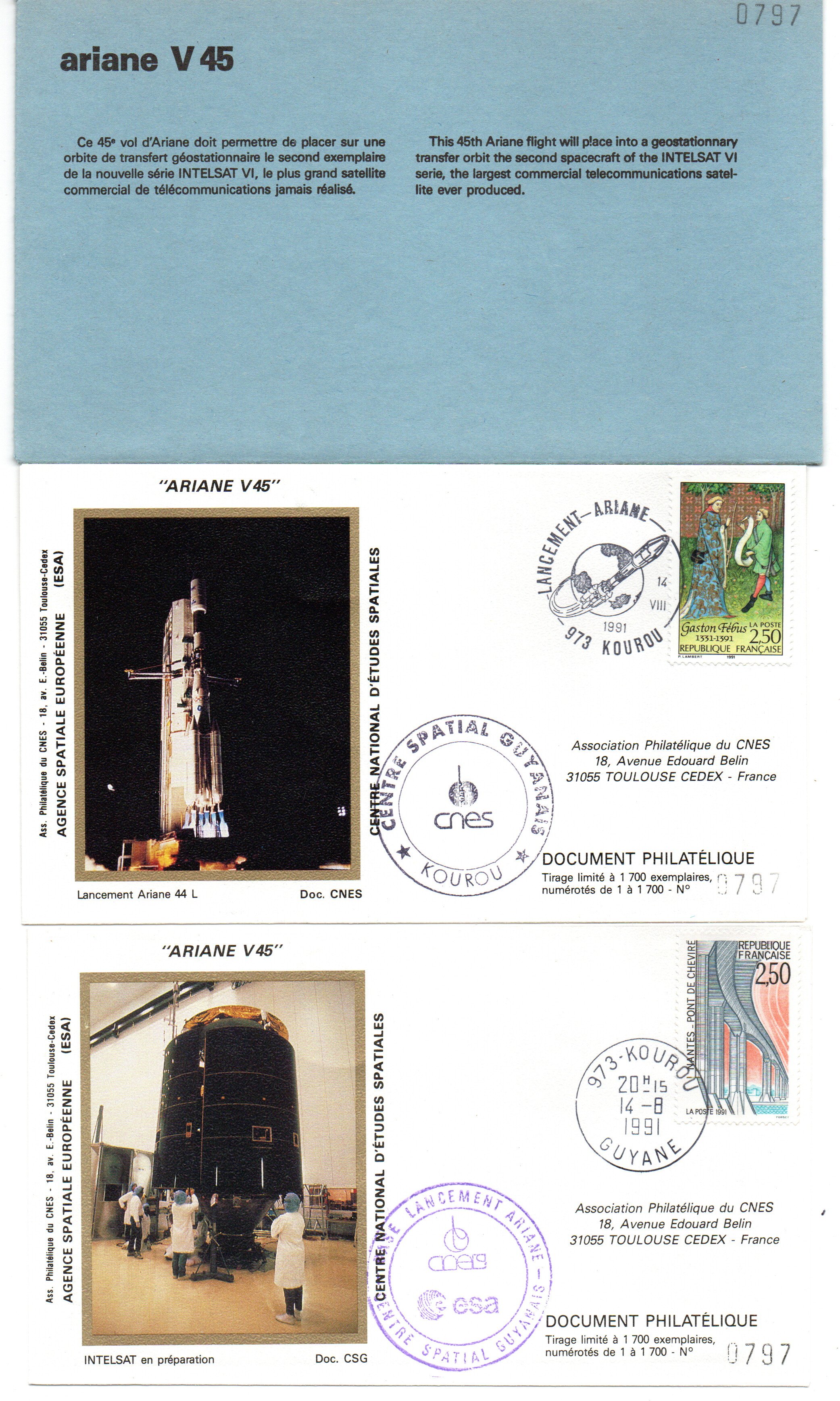 Lancement Ariane 44L - Vol 45 - 14/08/1991 - Pochette CNES 2 enveloppes - C 39