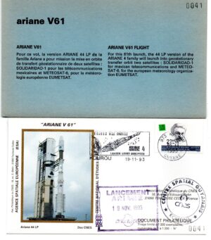 Lancement Ariane 44LP – Vol 61 – Kourou 19/11/1993 – Pochette CNES 3 enveloppes – C 40