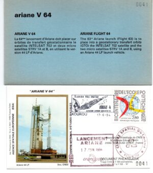 Lancement Ariane 44LP – Vol 64 – Kourou 17/06/1994 – Pochette CNES 3 enveloppes – C 40
