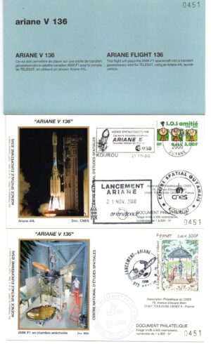 Lancement Ariane 44L - Vol 136 – Kourou 21/11/2000 - Pochette CNES 2 Env - C 41