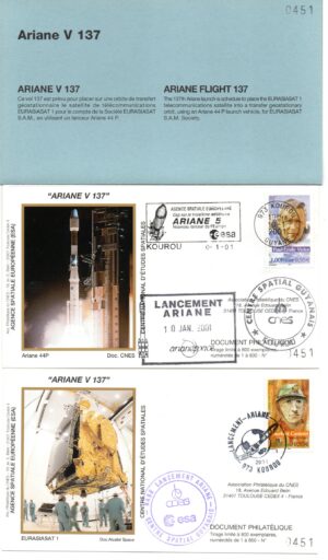 Lancement Ariane 44P - Vol 137 – Kourou 10/01/2001 - Pochette CNES 2 Env - C 41