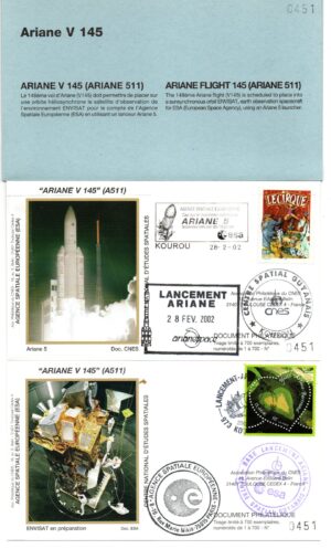 Lancement Ariane 5 (511) - Vol 145 – Kourou 28/02/2002 - Pochette CNES 2 Env - C 41