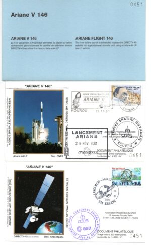 Lancement Ariane 44LP  - Vol 146 – Kourou 26/11/2001 - Pochette CNES 2 Env - C 41