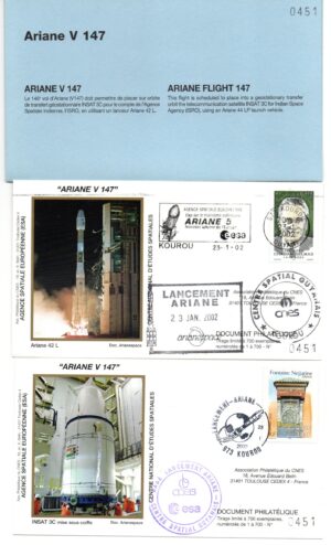 Lancement Ariane 42L - Vol 147 – Kourou 23/01/2002 - Pochette CNES 2 Env - C 41