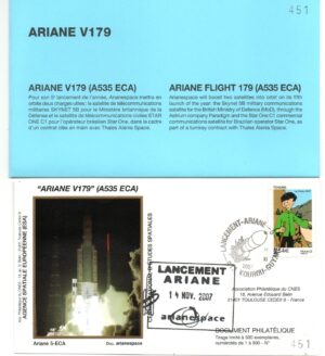 Lancement Ariane 535 ECA – Vol 179 – Kourou 14/11/2007 – Pochette CNES 3 Enveloppes – C 43