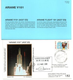 Lancement Ariane 537 ES – Vol 181 – Kourou 09/03/2008 – Pochette CNES 3 Enveloppes – C 43
