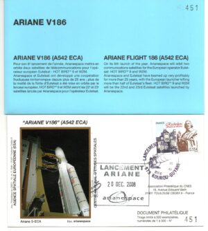 Lancement Ariane 542 ECA – Vol 186 – Kourou 20/12/2008 – Pochette CNES 3 Enveloppes – C 43