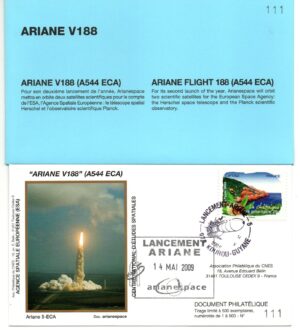Lancement Ariane 544 ECA – Vol 188 – Kourou 14/05/2009 – Pochette CNES 3 Enveloppes – C 43