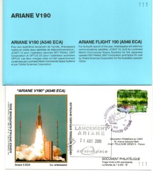 Lancement Ariane 546 ECA – Vol 190 – Kourou 21/08/2009 – Pochette CNES 3 Enveloppes – C 43