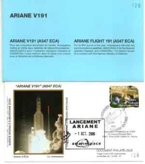 Lancement Ariane 547 ECA – Vol 191 – Kourou 01/10/2009 – Pochette CNES 3 Enveloppes – C 43