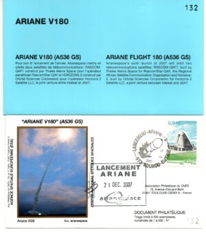 Lancement Ariane 536 GS – Vol 180 – Kourou 21/12/2007 – Pochette CNES 3 Enveloppes – C 44