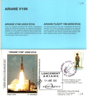 Lancement Ariane 552 ECA – Vol 196 – Kourou 04/08/2010 – Pochette CNES 3 Enveloppes – C 44