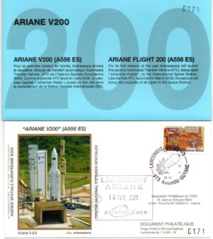 Lancement Ariane 556 ES – Vol 200 – Kourou 16/02/2011 – Pochette CNES 3 Enveloppes – C 44