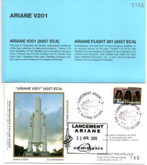 Lancement Ariane 557 ECA – Vol 201 – Kourou 22/04/2011 – Pochette CNES 3 Enveloppes – C 44
