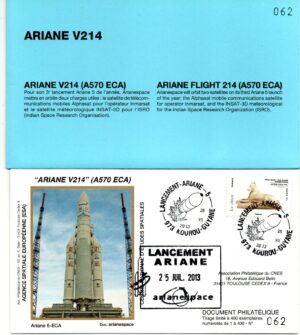 Lancement Ariane 570 ECA – Vol 214 – Kourou 25/07/2013 – Pochette CNES 3 Enveloppes – C 45
