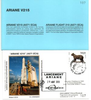 Lancement Ariane 571 ECA – Vol 215 – Kourou 29/08/2013 – Pochette CNES 3 Enveloppes – C 45