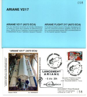 Lancement Ariane 573 ECA – Vol 217 – Kourou 06/02/2014 – Pochette CNES 3 Enveloppes – C 45