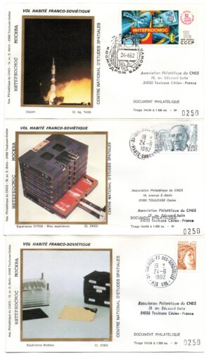 Lancement Soyouz T6 - Baïkonour 24 Juin 1982- Mission scientifique franco-soviétique Saliout 7 - Pochette complète CNES 16 Enveloppes, 1 encart, 3 CP - C 47 - Réf 9040011