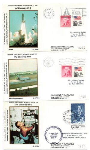 Lancement Navette Discovery - Mission 51-G CNES, NASA - KSC 17 Juin 1985 - Pochette CNES 4 Enveloppes, 1 CP - C 47 - Réf 9030030