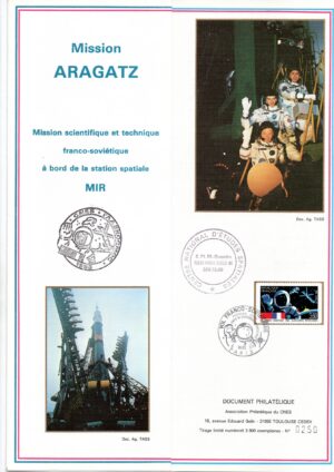 Encart Premier jour Timbres Vol Franco Soviétique Mission Aragatz Station MIR – CNES 04/03/1989 – C 47 – Réf 9040014