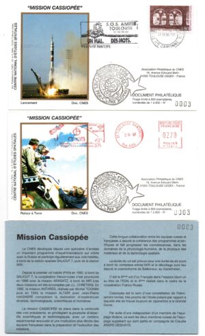 Lancement Soyouz TM24 – Baïkonour 17 Aout 1996 – Mission scientifique franco-soviétique Cassiopée Station MIR – Pochette CNES 2 Enveloppes, 3 Cartes – C 47 – Réf 9040017