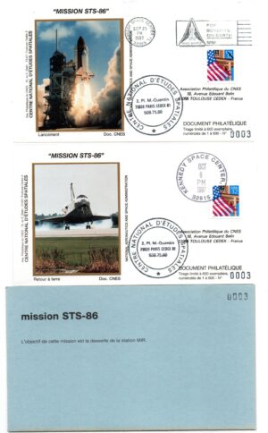 Lancement Navette Atlantis Mission STS-86 CNES, NASA Station MIR – KSC 25 Septembre 1997 – Pochette CNES 2 Enveloppes, 2 CP, Badge Mission – C 47 – Réf 9030031