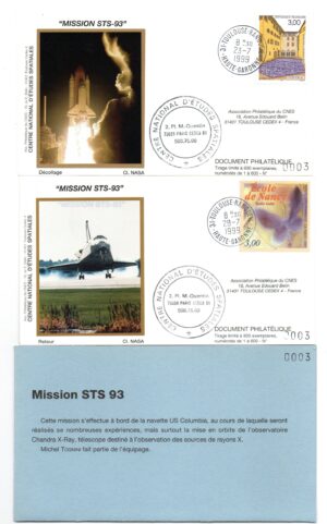 Lancement Navette Columbia Mission STS-93 CNES, NASA Télescope Chandra – KSC 23 Juillet 1999 – Pochette CNES 2 Enveloppes, 2 CP, Badge Mission – C 47 – Réf 9030032